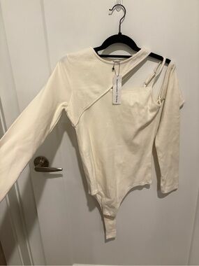 One-Shoulder Cream Ribbed Bodysuit with Strap Detail